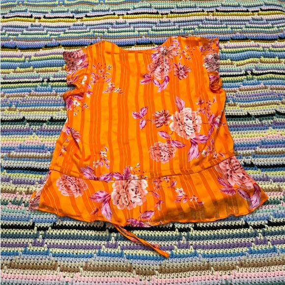 Vince Camuto Orange Rio Gardens floral v-neck button down peplum top blouse - Picture 7 of 7